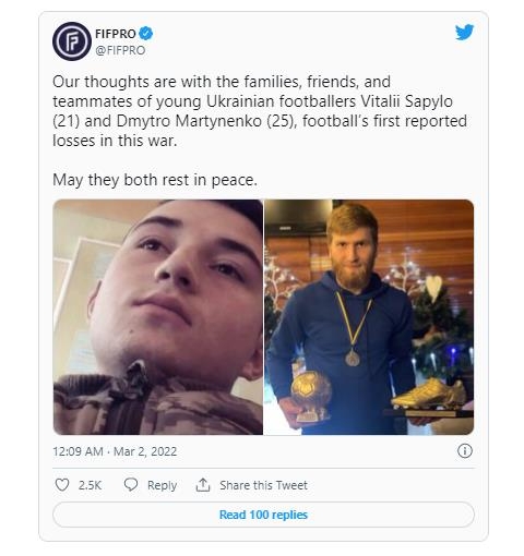 러시아 침공 이후 우크라이나 축구 선수 2명의 사망 소식을 전한 FIFPro.[FIFPro 트위터]