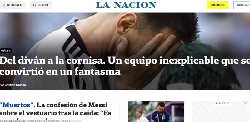 충격의 월드컵 패배 소식 전하는 아르헨티나 언론 홈페이지[라나시온 홈페이지 캡처]