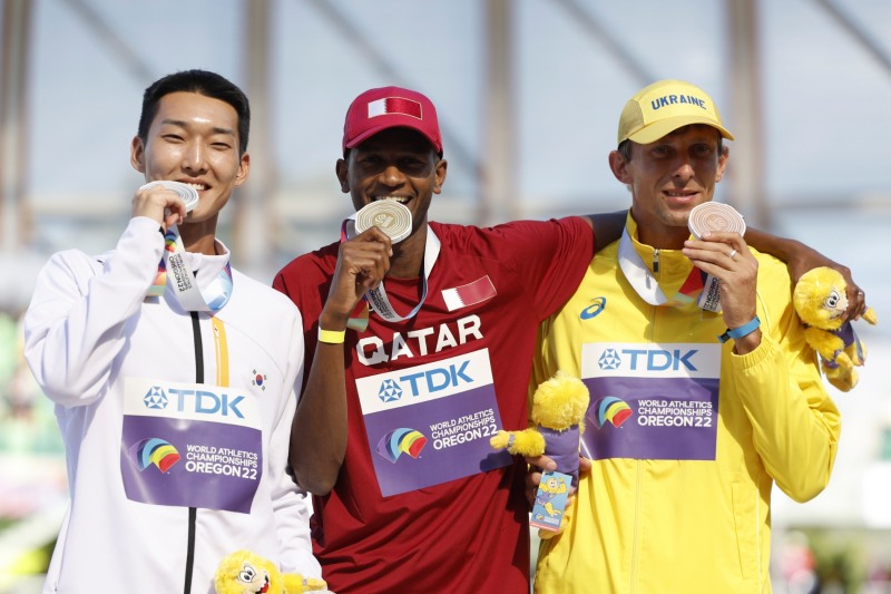 2022 유진 세계선수권 남자 높이뛰기 메달리스트. 왼쪽부터 우상혁, 바르심, 프로첸코 [사진=연합뉴스]