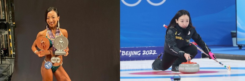 보디빌더로 깜짝 변신한 후지사와 사쓰키와 그가 2022년 베이징 동계올림픽에서 활약하던 모습. [사진=연합뉴스, FWJ 페이스북 캡처]