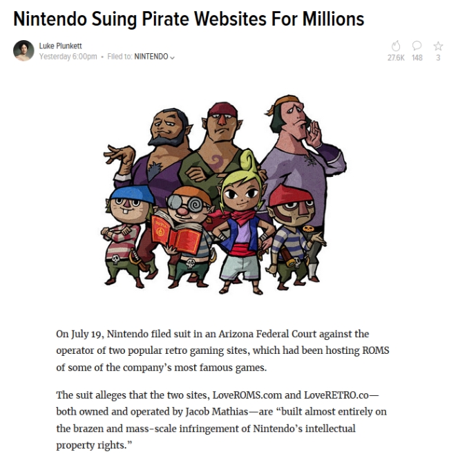 닌텐도가 게임 불법 복제 사이트를 상대로 수십 억원대 손해배상청구소송을 제기했다. 사진은 관련 사실을 보도한 해외 매체 코타쿠닷컴 캡처 화면.