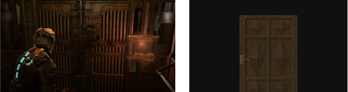 엘리베이터에서 담배 한 모금의 여유도 느낄 수 있었던 '데드 스페이스' 로딩(왼쪽). 다음 장소에 대한 호기심을 증폭시키는 효과로 호평 받았던 '바이오해저드' 로딩 연출.