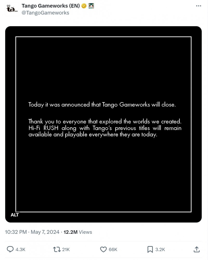 탱고 게임웍스 공식 SNS에 올라온 스튜디오 폐쇄 내용의 게시글(출처=탱고 게임웍스 공식 SNS).