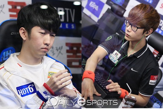 MVP 김동원(왼쪽)과 kt 롤스터의 주성욱(오른쪽)이 손목에 보호대를 착용하고 경기에 임하고 있다.