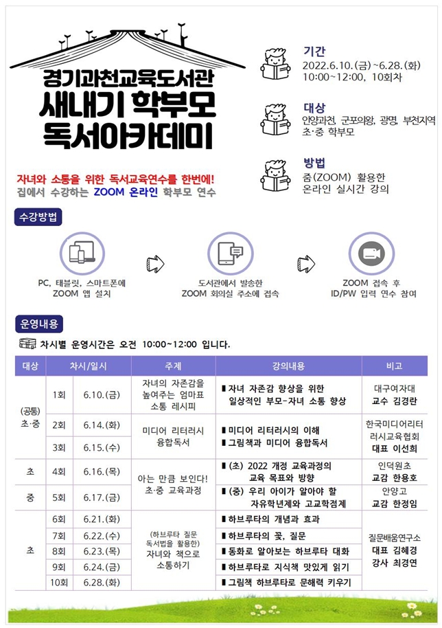 경기과천교육도서관,  ‘새내기 학부모 독서아카데미’ 온라인 운영