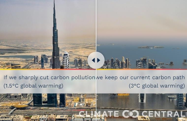 두바이 세계 최고층 건물 부르즈칼리파의 미래지구 온도가 산업화 대비 1.5도(왼쪽), 3도(오른쪽) 올랐을 때 모습. (클라이밋 센트럴 홈페이지 캡처)