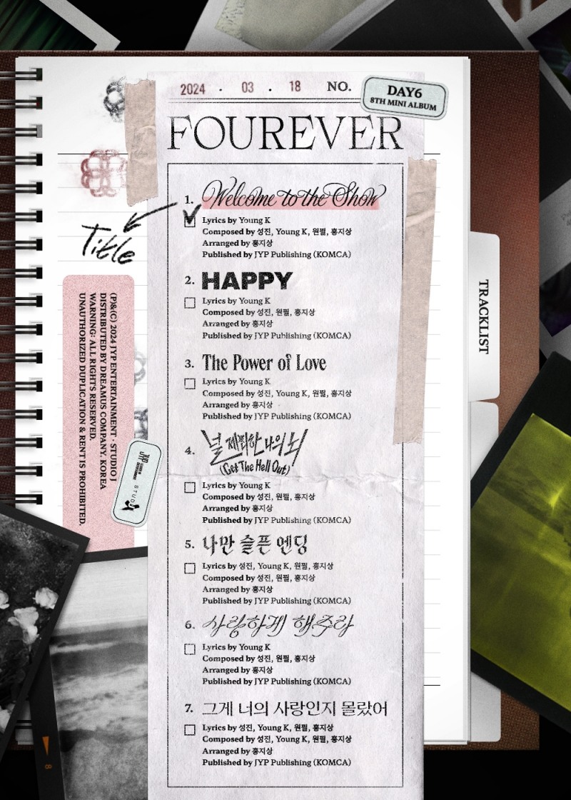 DAY6, 전곡 작사-작곡 참여한 신보 'Fourever' 트랙리스트 공개…타이틀곡은 'Welcome to the Show'