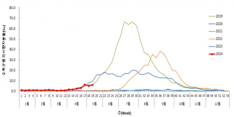 그래프=주차별 수족구병 (의사)환자 분율 / 그래프 출처 : 질병관리청