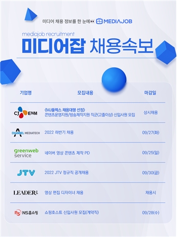CJ ENM·채널A 미디어텍·그린웹서비스·전주방송·리더피아·NS홈쇼핑  신입∙경력 모집