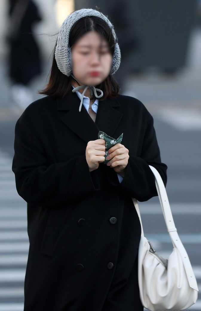  쌀쌀한 날씨를 보인 지난 20일 오전 서울 종로구 세종대로사거리 인근에서 한 시민이 핫팩을 손에 쥐고 있다.