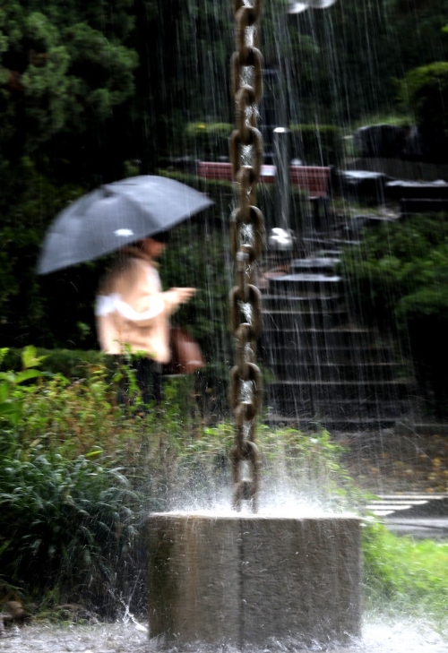  전국 곳곳에 가을비가 내리고 있는 지난 13일 서울 중구 국립극장 인근 남산 순환로를 한 시민이 우산을 쓰고 이동하고 있다.