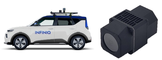 인피닉의 자율주행 데이터 수집 전용 차량 이미지(왼쪽)와 한화시스템 퀀텀레드 차량용 열상 모듈 센서 제품 이미지