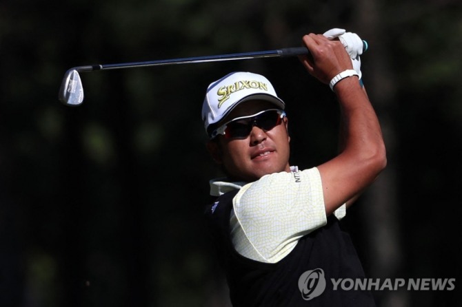 마쓰야마 히데키의 최종 라운드 2번 홀 경기 모습<br /> [AFP=연합뉴스]