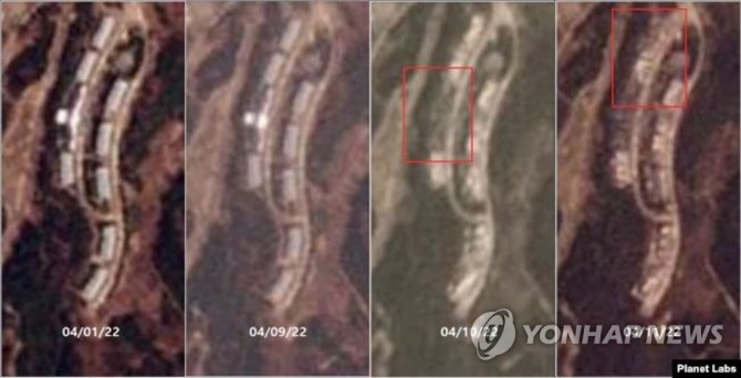 북한 금강산 아난티 골프장 리조트 단지를 촬영한 위성사진. 왼쪽부터 4월 1, 9, 10, 11일의 모습. 10일 중심부 건물(왼쪽 붉은 사각형 안)이 사라지고 11일에는 북쪽 2개 동(오른쪽 붉은 사각형 안)이 철거된 모습이다. [연합뉴스 자료사진. Planet Labs PBC 제공]