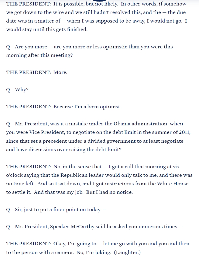 자료: 부채한도협상 관련 바이든 대통령 기자회견, 출처: 백악관 