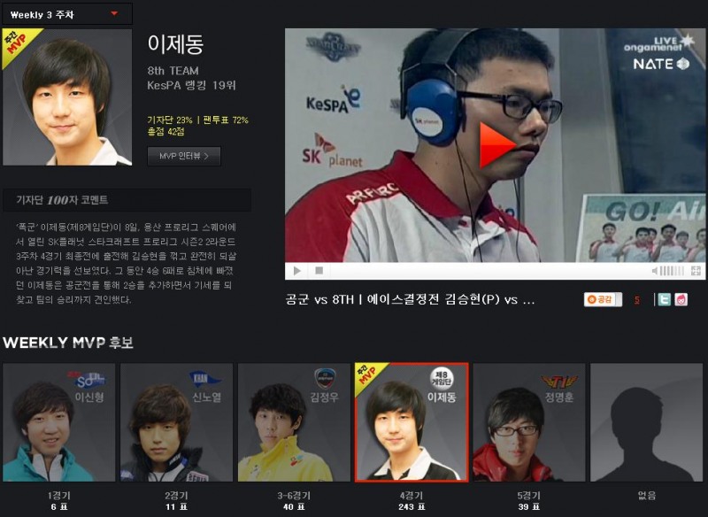 8게임단 이제동, 팬투표서 압도하며 두 번째 주간 MVP