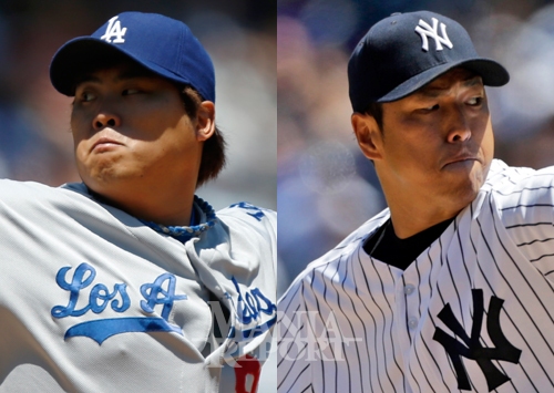▲LA-다저스-뉴욕양키스전의선발투수류현진(좌측)과히로키구로다.사진