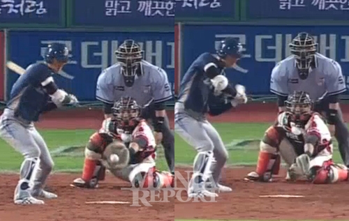 ▲김성배의공이홈플레이트끝에도달했을때위치(사진좌측)와강민호글러브에들어갔을때위치(사진우측).구심은이를'스트라이크'로판정했다.사진│KBSN중계화면캡쳐
