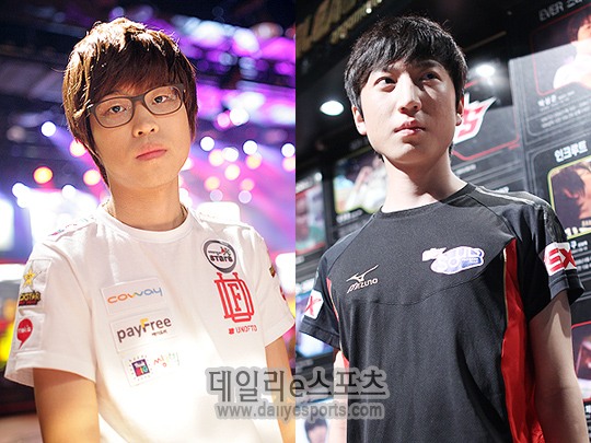 WCS 코리아 시즌2 8강에서 대결하는 웅진 김민철(왼쪽)과 STX 이신형.