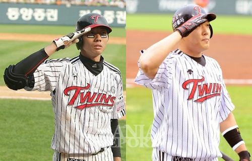 ▲경례세레머니를펼친김용의(사진좌)와윤요섭(사진우).사진│LG트윈스