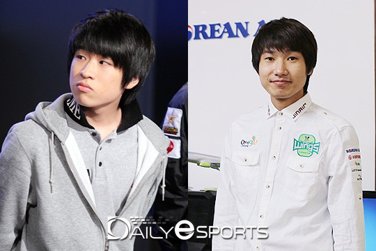 한국 지역 WCS 우승자 출신 테란 조성주(왼쪽)와 2013년 월드 챔피언 프로토스 김유진.