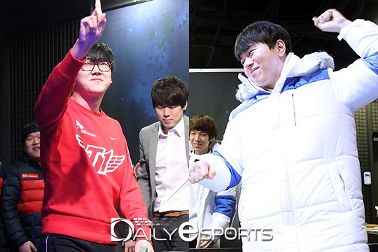 SK텔레콤 스타크래프트2 프로리그 1라운드 플레이오프 선봉으로 나선 SK텔레콤 T1 원이삭(왼쪽)과 삼성 갤럭시 칸 송병구.