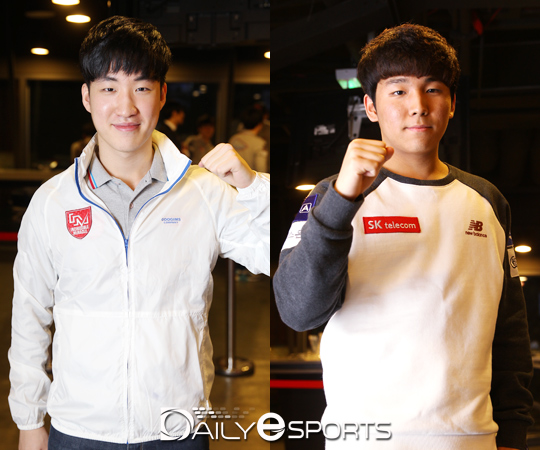 프로리그 첫 승리를 기록한 IM 홍덕(왼쪽)과 SK텔레콤 박령우.