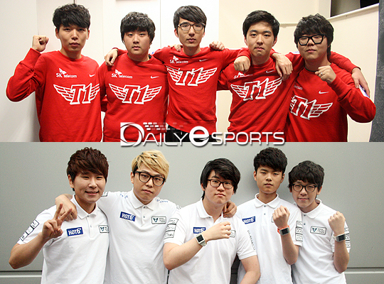 SK텔레콤 T1 S(위)와 삼성 갤럭시 블루.