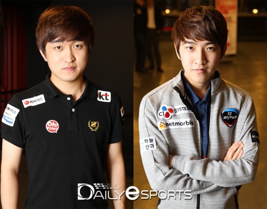 KT 이영호(왼쪽)와 CJ 김준호. 플레이오프 1세트에서 맞대결을 펼친다.