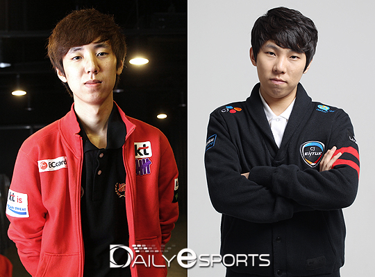 KT 저그 김성한(왼쪽)과 CJ 저그 김정우.