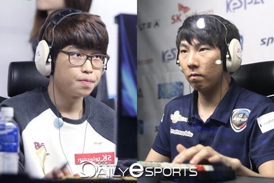 SK텔레콤 T1 김민철(왼쪽)과 CJ 엔투스 김정우.