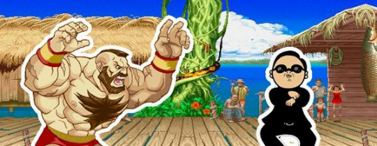 18일한국과러시아의월드컵조별리그H조경기에맞춰한국을대표하는인기가수'싸이'와인기게임이자만화스트리트파이터의러시아캐릭터'장기에프'가마치대결을하는듯한캐릭터그림이SNS에서눈길을끌고있다(사진=트위터캡처)