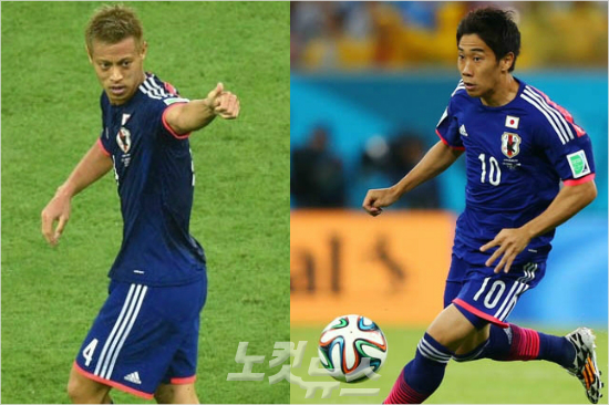 '가가와,제발이엄지를세울수있기를...'일본이20일(한국시각)그리스와브라질월드컵C조2차전에서기사회생을노린다.사진은대표팀간판듀오혼다케이스케(왼쪽)와가가와신지.(사진=게티이미지)