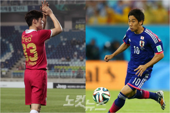 '잘가라,일본'한국과일본은같은상대그리스를놓고월드컵무대에서희비가극명하게엇갈렸다.일본은20일(한국시각)브라질월드컵C조2차전에서난2010년남아공대회에서한국이2-0으로완파한그리스를상대로수적우세에도0-0으로비겼다.사진은4년전그리스전쐐기골을넣은박지성(왼쪽)의은퇴경기모습과일본대표팀미드필더가가와신지.(사진=황진환기자,게티이미지)