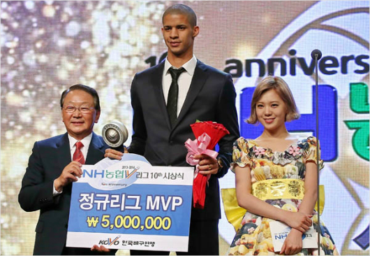 '이제이모습은역사속으로...'한국배구연맹(KOVO)가다음시즌부터정규리그MVP를국내선수로한정하기로결정했다.사진은2013-14시즌남자부정규리그MVP에오른삼성화재레오(가운데)가구자준KOVO총재(왼쪽)와함께포즈를취한모습.(자료사진=KOVO)
