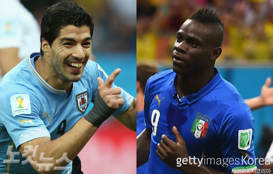 루이스수아레스(우루과이)와마리오발로텔리(이탈리아)가조국의월드컵16강진출여부를놓고물러설수없는한판승부를벌인다(사진=ⓒGettyImages/멀티비츠제공)