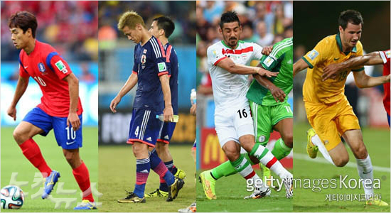 2014브라질월드컵에서고개를들지못하는아시아팀들.왼쪽부터한국,일본,이란,호주.(사진=ⓒGettyImages/멀티비츠제공)