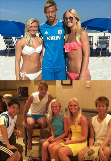 '미녀들과단란했던한때'일본축구대표팀선수들이브라질월드컵에앞선미국전지훈련기간현지미녀들과함께찍은사진.에이스혼다게이스케(위쪽)와가가와신지,오쿠보신지(아래사진왼쪽부터)등주축선수들이다.(사진=루시앤SNS)