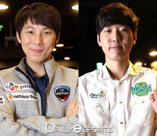 CJ 김정우(왼쪽)와 진에어 방태수.