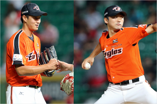 '후반기는우리에게맡겨주세요'최근한화의상승세를견인한불펜듀오윤규진(왼쪽)-안영명.(자료사진=한화)