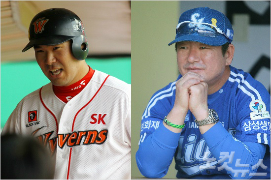 '(이)재원아,미안해~!'18일'2014한국야쿠르트세븐프로야구'올스타전이스턴선발8번포수로나선SK이재원(왼쪽)과사령탑을맡은류중일삼성감독.(자료사진=SK,삼성)