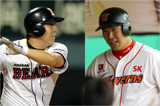 '재원아,고기도먹어본놈이잘먹어'18일'2014한국야쿠르트세븐프로야구'홈런레이스에서SK이재원(오른쪽)을제치고두번째우승을차지한두산김현수.(자료사진=두산,SK)