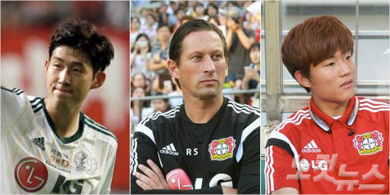 왼쪽부터레버쿠젠의손흥민,슈미트감독,류승우.