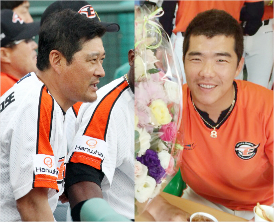 '근우야,내몫까지뛰어다오'프로야구사상첫9년연속20도루를기록한한화정근우(오른쪽)와이에대해격려의메시지를보낸'원조대도'이종범한화코치.(자료사진=한화이글스)