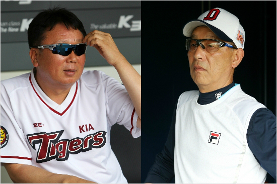 '감독님,어떻게해야할까요?'두산과KIA는7월동반부진에이어8월에도좋지않은출발을보이면서4강경쟁에서자칫밀릴위기에놓였다.사진은송일수두산(오른쪽)-선동열KIA감독.(자료사진=두산,KIA)