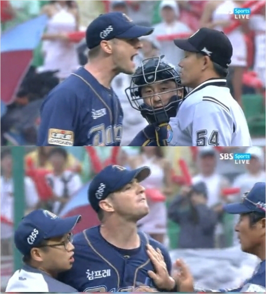 '욕설로폭발한찰리'3일문학SK전에서심판판정에불만을품고김준희구심에게폭언을가하고있는NC우완투수찰리쉬렉.(사진=중계화면캡처)