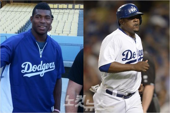 '류현진의든든한도우미'8일(한국시각)LA에인절스와원정에서호수비와맹타로류현진을도운LA다저스외야수야시엘푸이그(왼쪽)와내야수후안유리베.(자료사진)