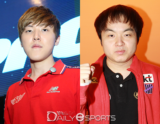 SK텔레콤 프로토스 김도우(왼쪽)와 KT 저그 김성대.