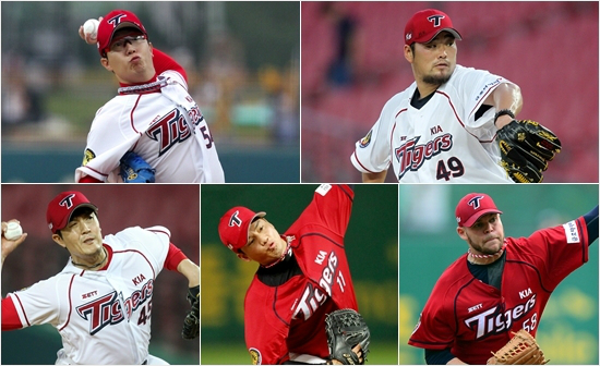 KIA선발투수양현종(왼쪽위부터시계방향),김진우,저스틴토마스,임준섭,김병현.(자료사진=KIA타이거즈)
