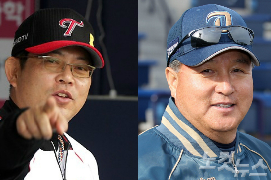 '잘됐네요'14일잠실경기가우천취소된데대해싫지않은표정을드러낸양상문LG(왼쪽),김경문NC감독.(자료사진=LG트윈스,윤성호기자)